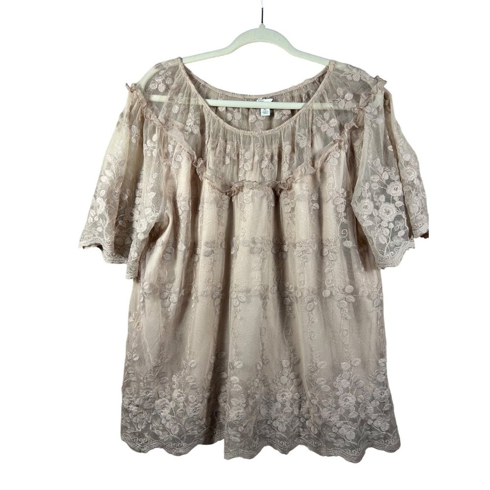 Cato XL Women's Pink Floral Lace Off-Shoulder Blouse